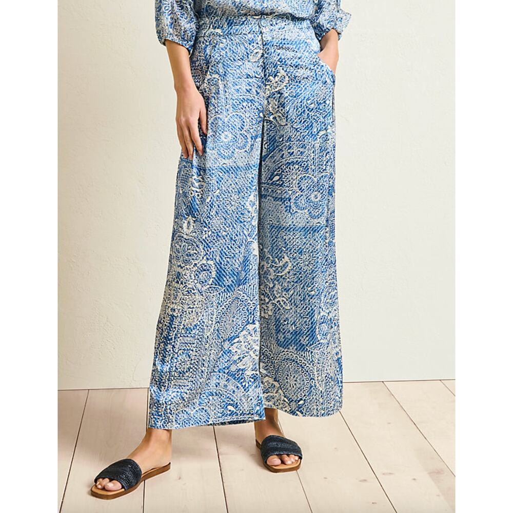 Johnny Was Lauchlen Wide Leg Silk Pants Denim Printed Satin Resort Blue XL NWT - Picture 1 of 12